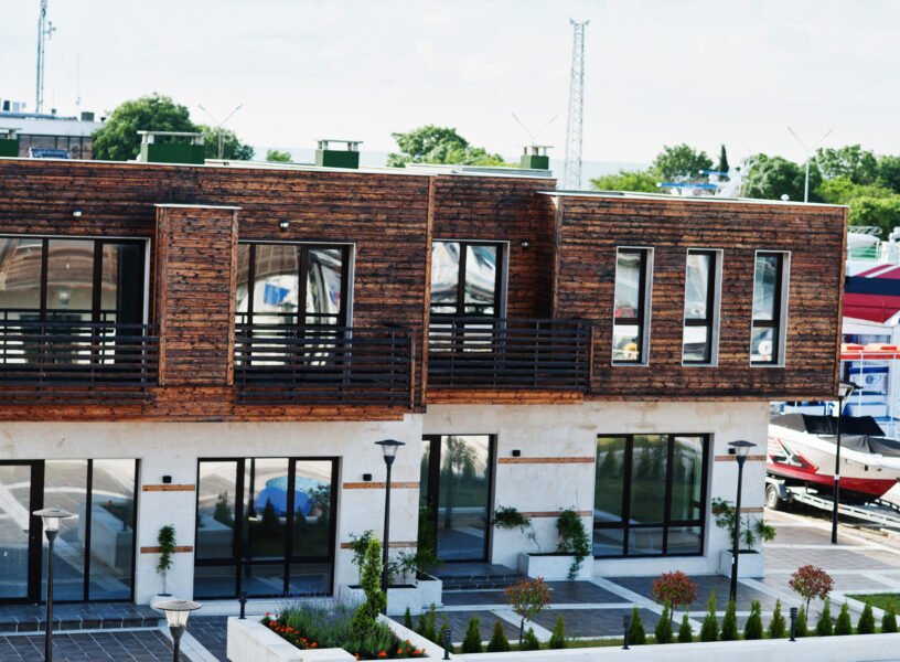 Houses with yacht on old port Nesebar, Bulgaria.